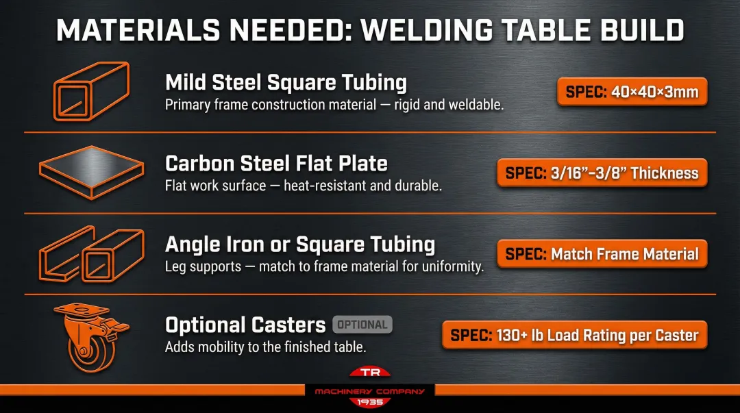 Essential welding table build materials list with specifications and use cases