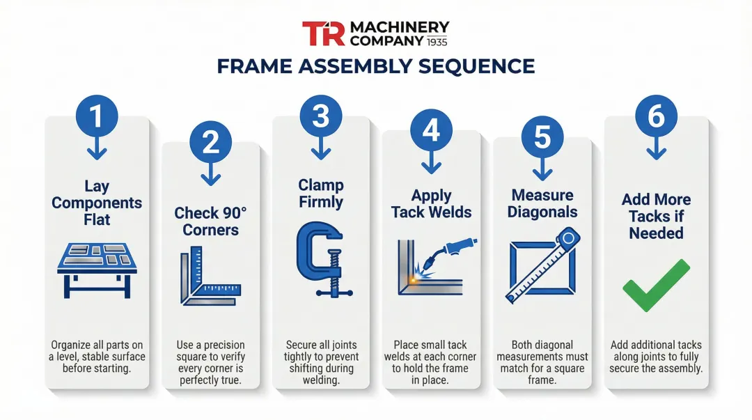 6-step welding table frame assembly and squaring process flow infographic