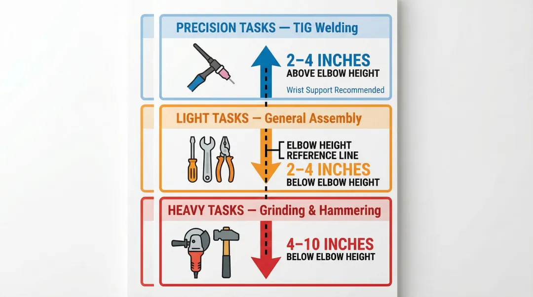 Three welding task types and recommended table height adjustments infographic