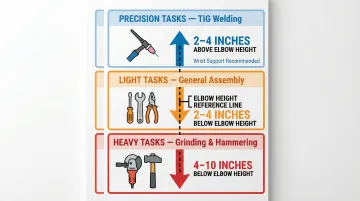 Three welding task types and recommended table height adjustments infographic