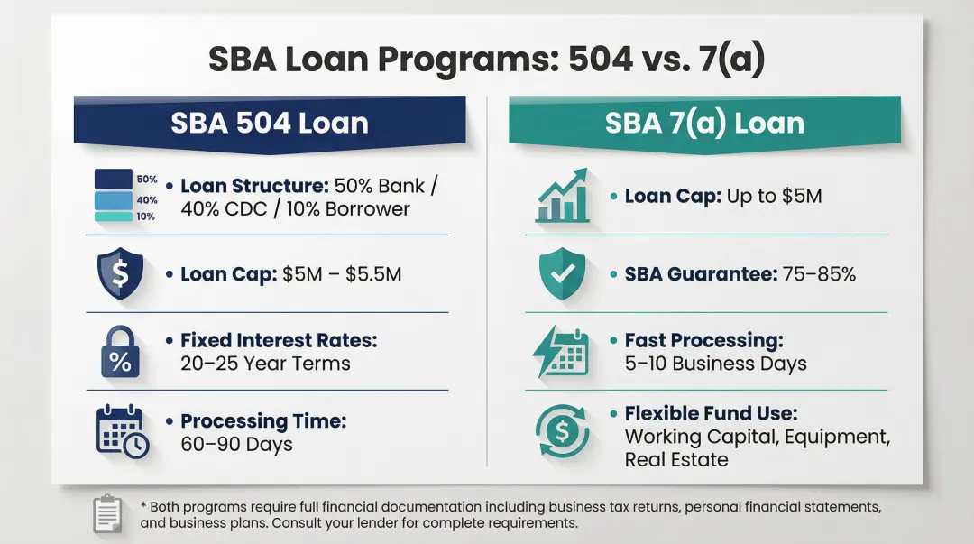 SBA 504 versus SBA 7a loan program side-by-side comparison for manufacturers
