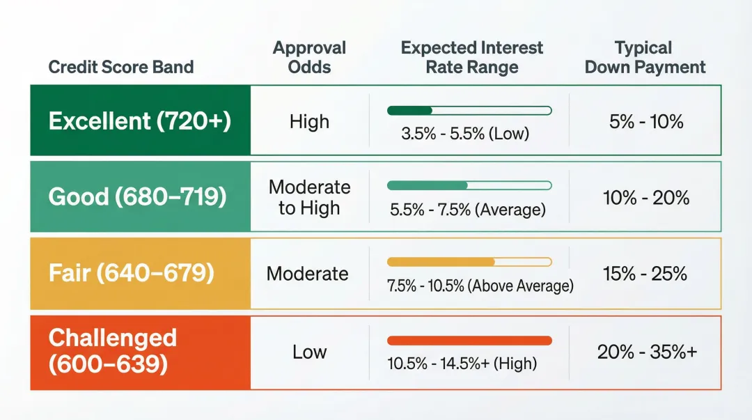 Credit score tier chart showing equipment financing approval odds rates and down payments