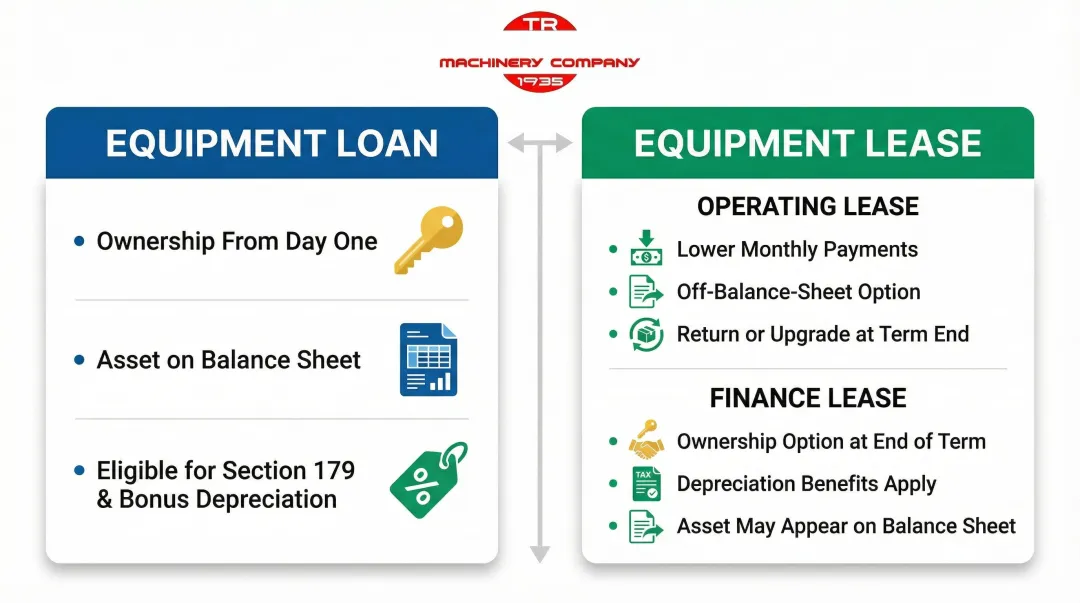 Equipment loan versus equipment lease key differences comparison infographic