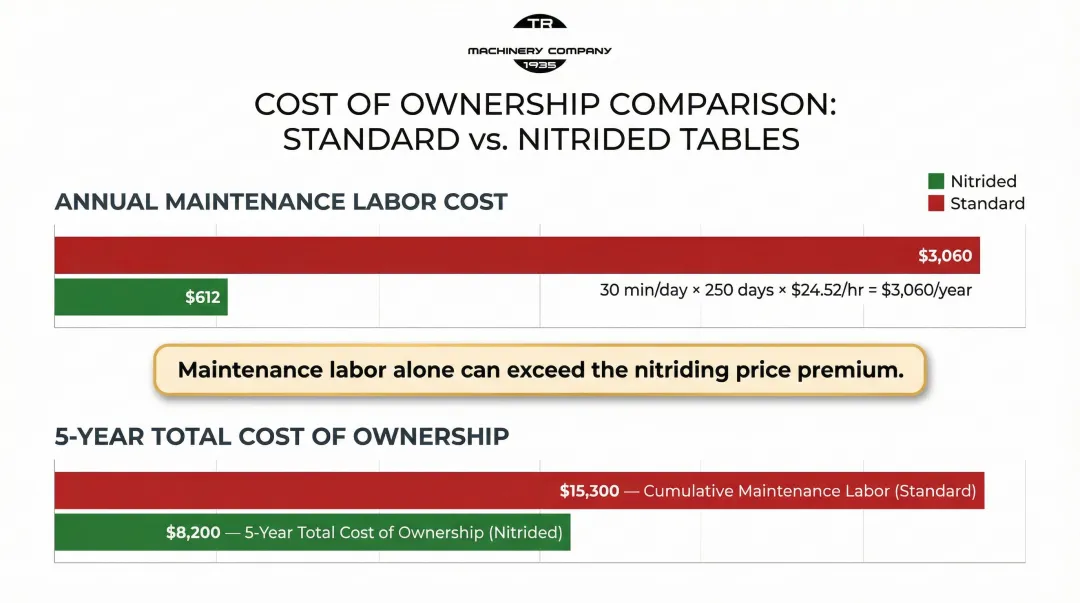 5-year welding table maintenance cost comparison nitrided versus standard steel tables