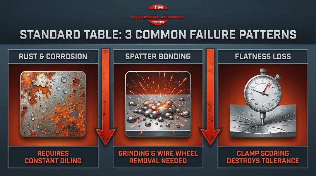 Three standard welding table failure patterns rust spatter flatness degradation infographic