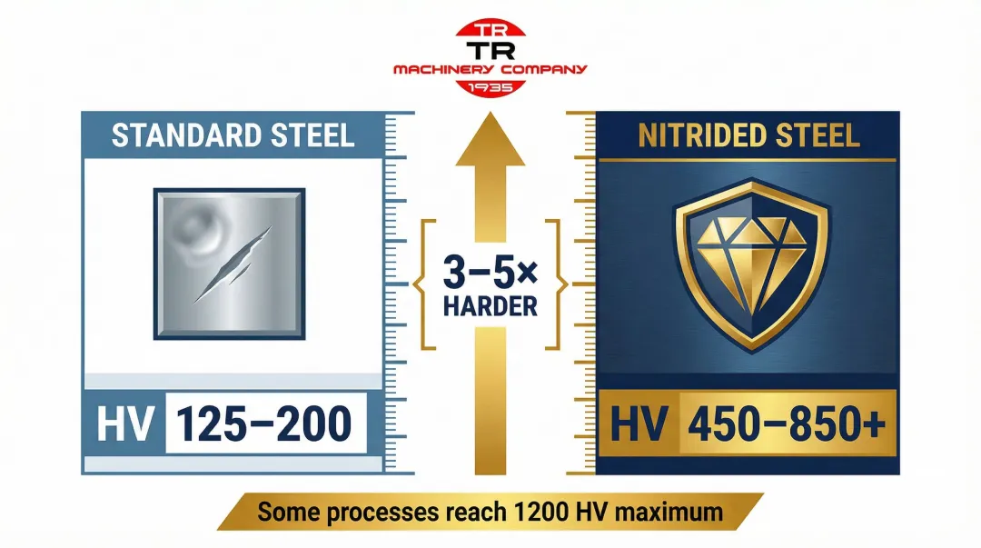 Nitrided versus standard steel surface hardness comparison chart HV values