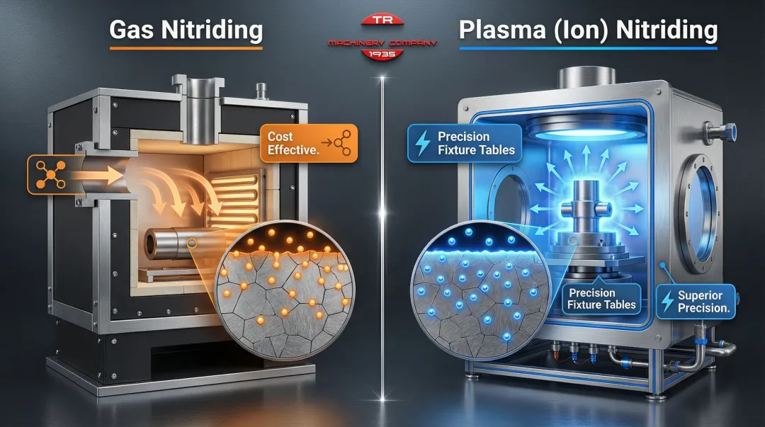 Gas nitriding versus plasma ion nitriding process methods comparison infographic