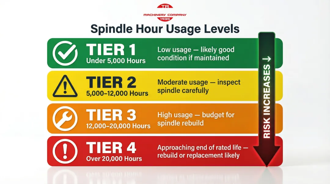 CNC lathe spindle hour usage tiers from low to end-of-life range