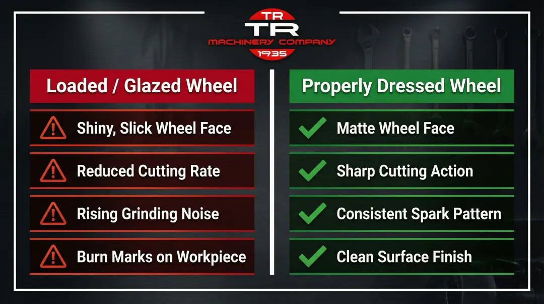 Grinding wheel loaded versus properly dressed condition side-by-side visual comparison