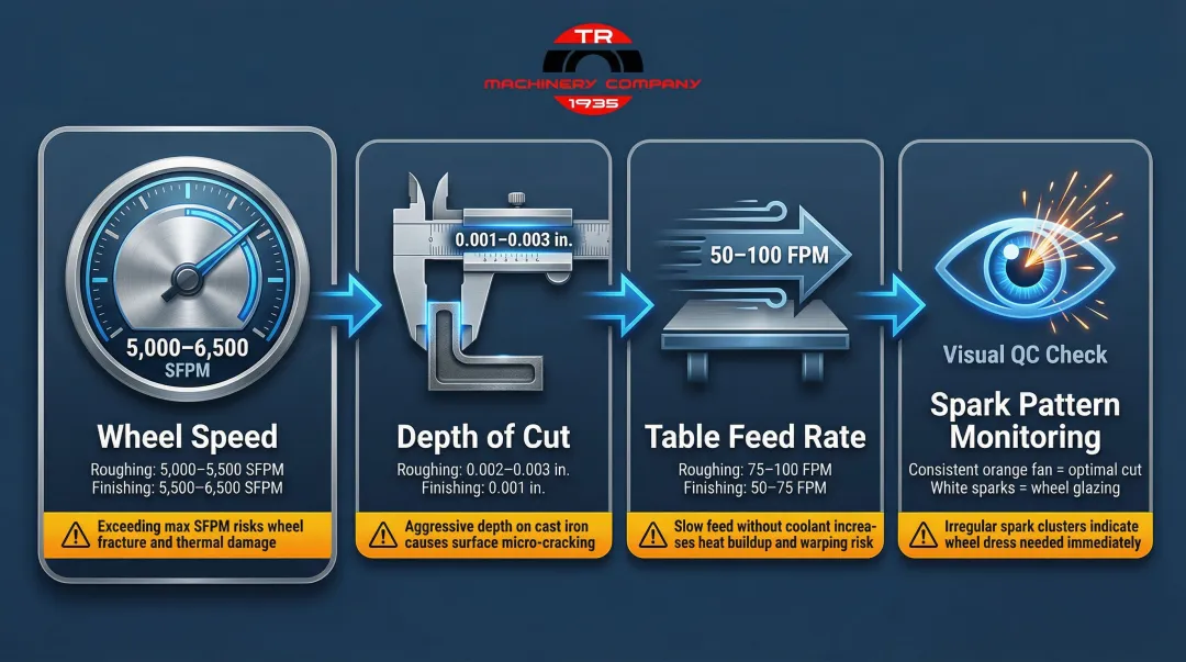 Surface grinding cast iron step-by-step parameter setup process flow infographic