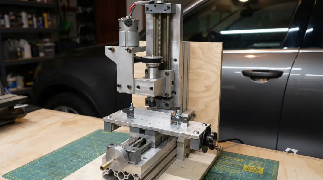 Benchtop mill drilling aluminum part in small workshop or hobby shop