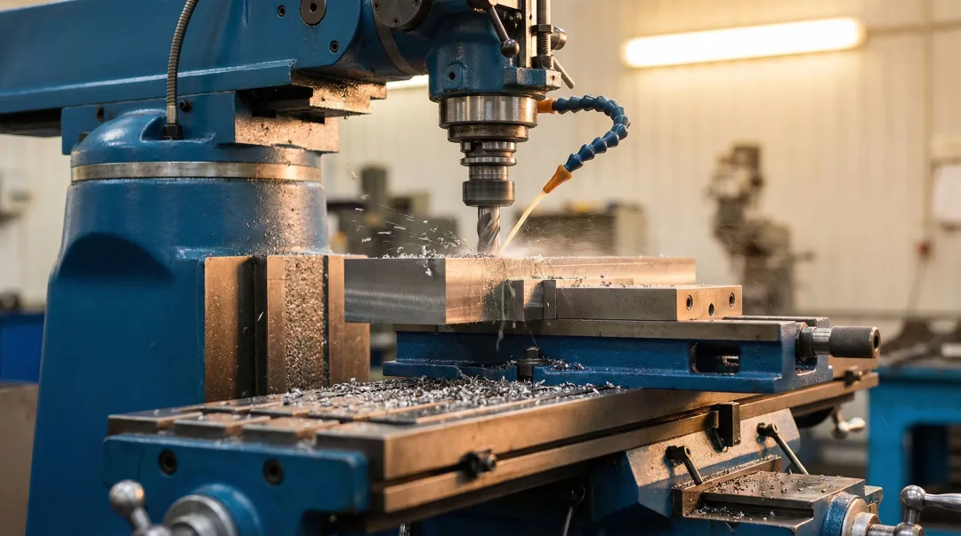 Knee mill machining steel workpiece in professional job shop environment