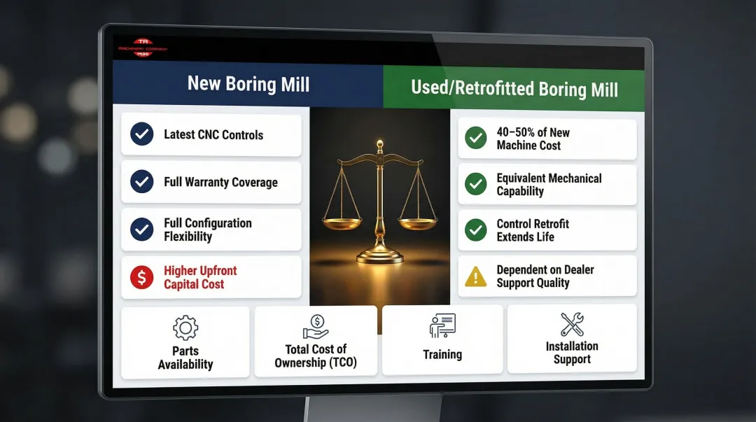 New versus used boring mill cost and capability comparison decision framework infographic