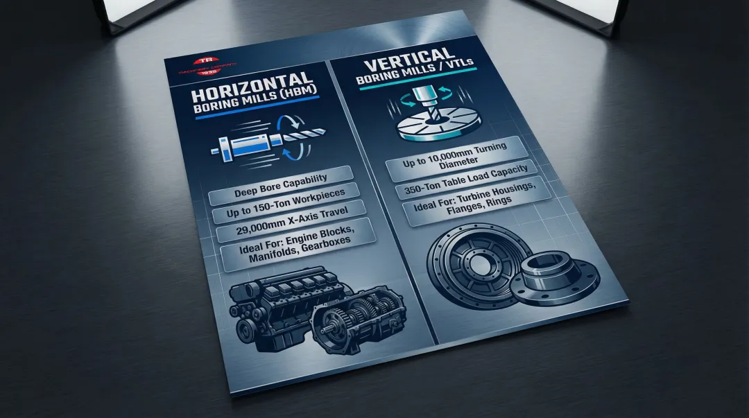 Horizontal versus vertical boring mill comparison showing key capabilities and workpiece types
