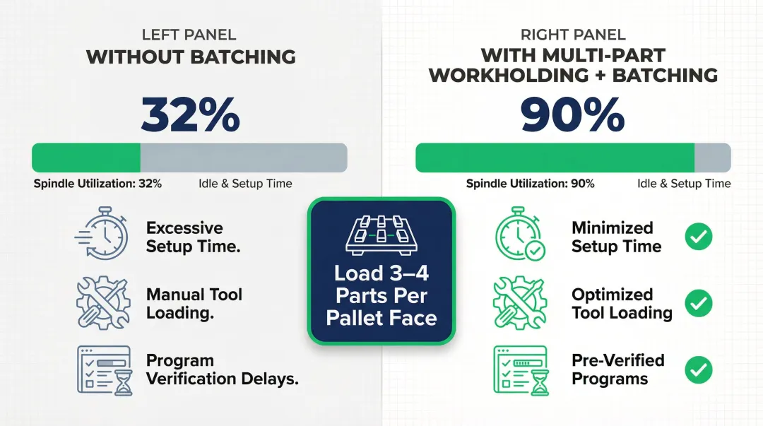 Part-family batching spindle utilization improvement from 35 percent to 95 percent infographic
