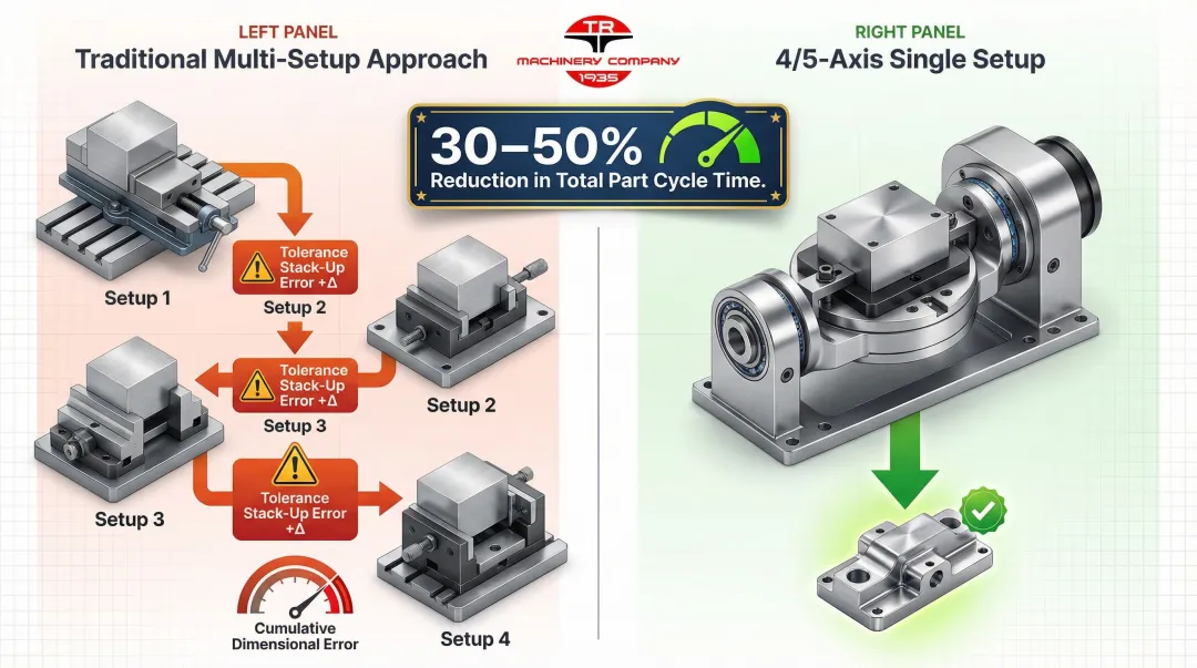 4-axis and 5-axis boring mill rotary table setup reduction cycle time savings infographic