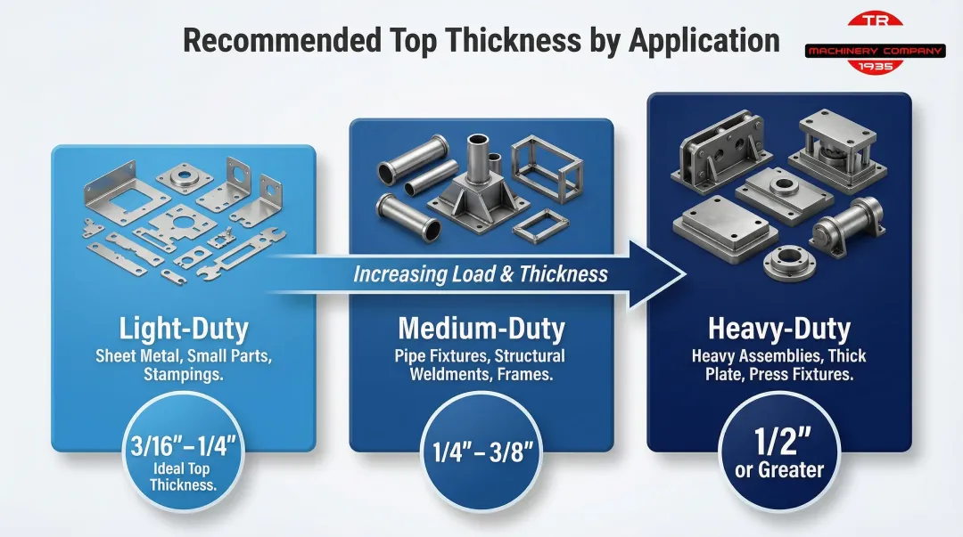 Welding table top thickness guide by application and workpiece weight