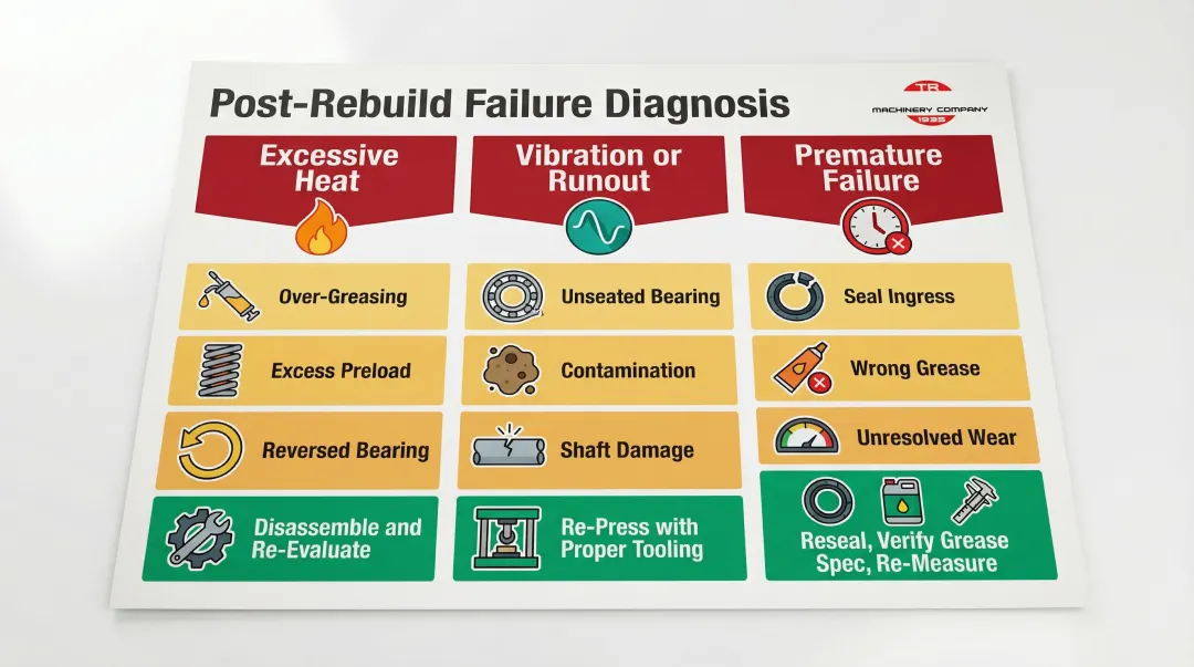 Three common spindle bearing failure causes with root causes and corrective fixes comparison