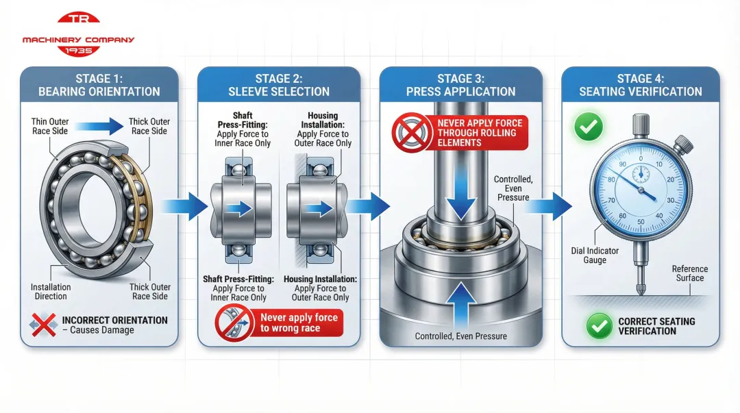 Bearing press-fitting installation process showing correct race contact points and seating sequence
