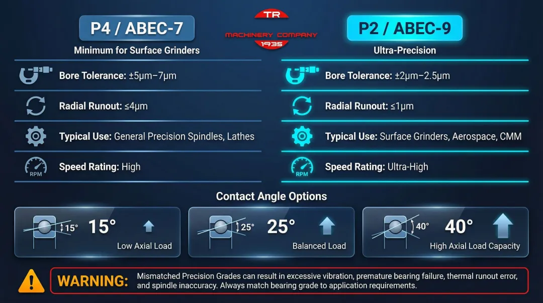 Angular contact bearing precision grade comparison ABEC-7 versus ABEC-9 specifications chart