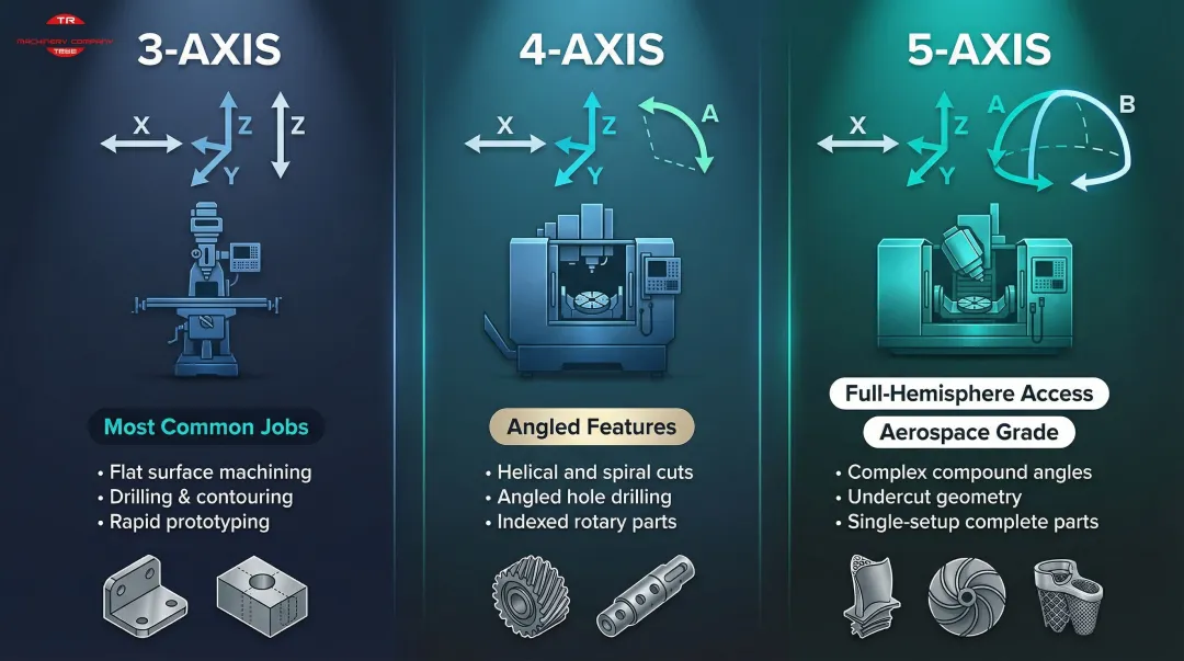 CNC milling 3-axis 4-axis and 5-axis configuration comparison infographic
