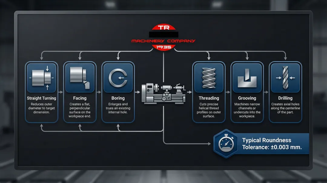 CNC turning core operations process diagram with six machining steps