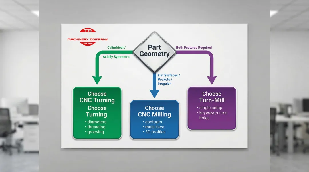 CNC turning versus milling versus turn-mill decision framework flowchart by geometry