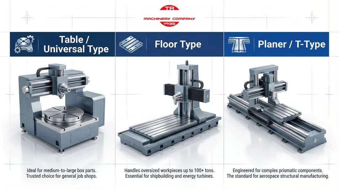 Three types of horizontal boring milling machines comparison infographic