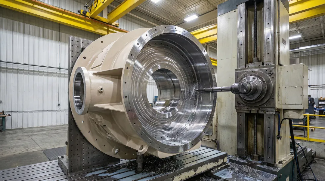 Large aerospace turbine casing being precision machined on horizontal boring mill