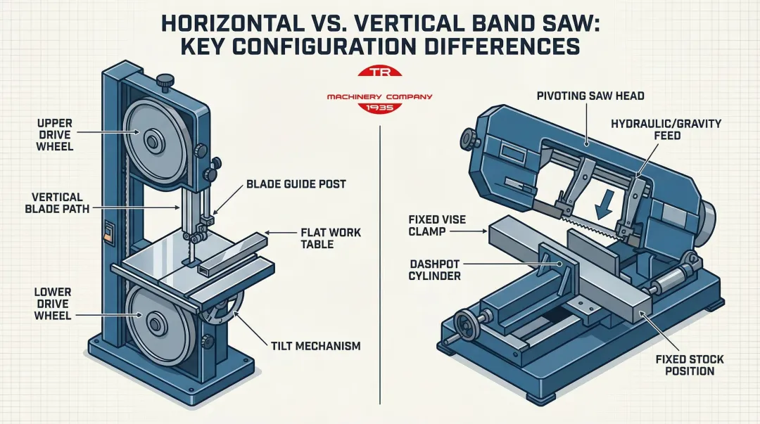 horizontal versus vertical band saw key components and configuration differences diagram