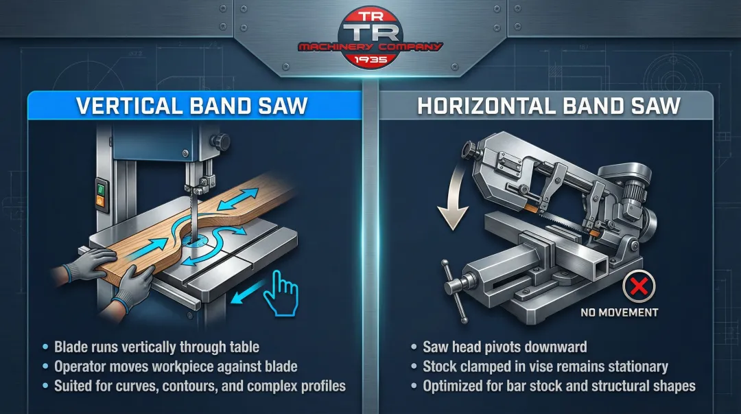 vertical versus horizontal band saw cutting orientation comparison infographic