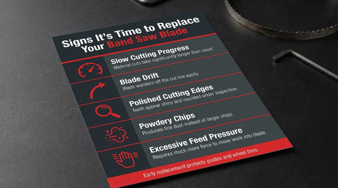 five warning signs of band saw blade wear requiring replacement infographic