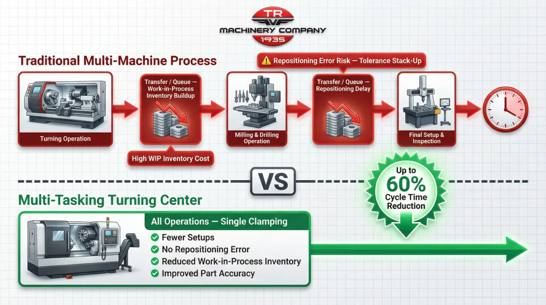 Multi-tasking turning center done-in-one machining benefits process flow infographic