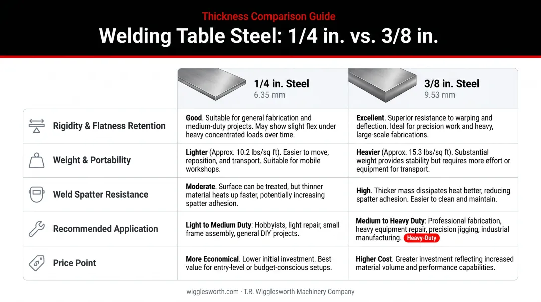 Decision guide choosing 1/4 inch or 3/8 inch welding table top by shop conditions