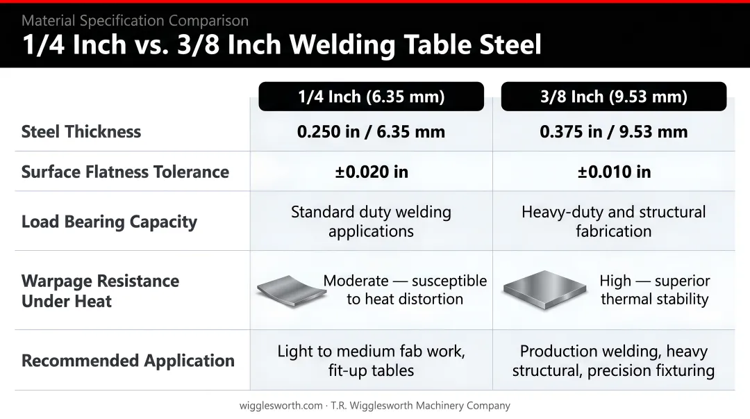 1/4 inch versus 3/8 inch welding table steel comparison across five key attributes