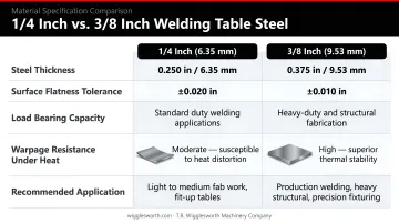 1/4 inch versus 3/8 inch welding table steel comparison across five key attributes