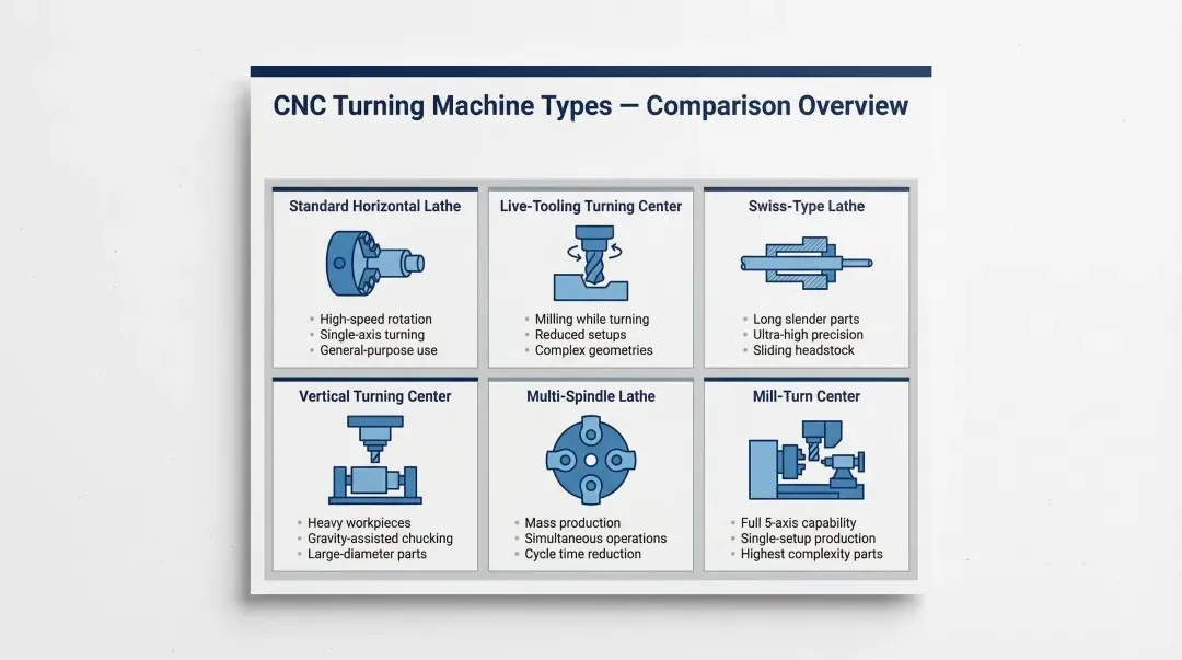 Six types of CNC turning machines comparison overview infographic