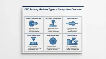 Six types of CNC turning machines comparison overview infographic