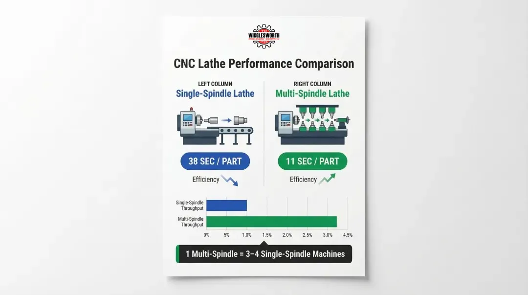Multi-spindle versus single-spindle CNC lathe cycle time comparison infographic