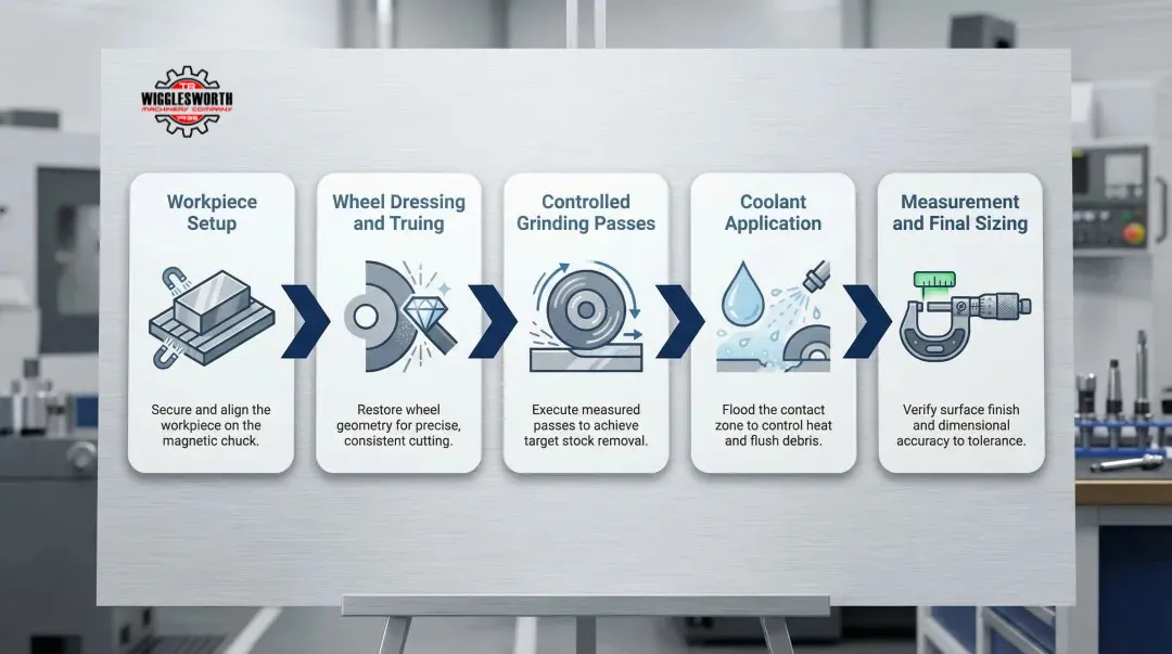 5-step precision surface grinding process flow from setup to final measurement
