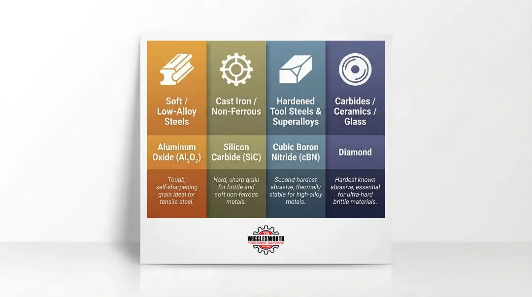 Grinding wheel abrasive material selection guide by workpiece material type