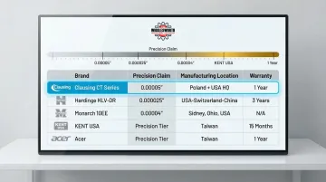Five-brand precision lathe comparison chart showing accuracy warranty and manufacturing location