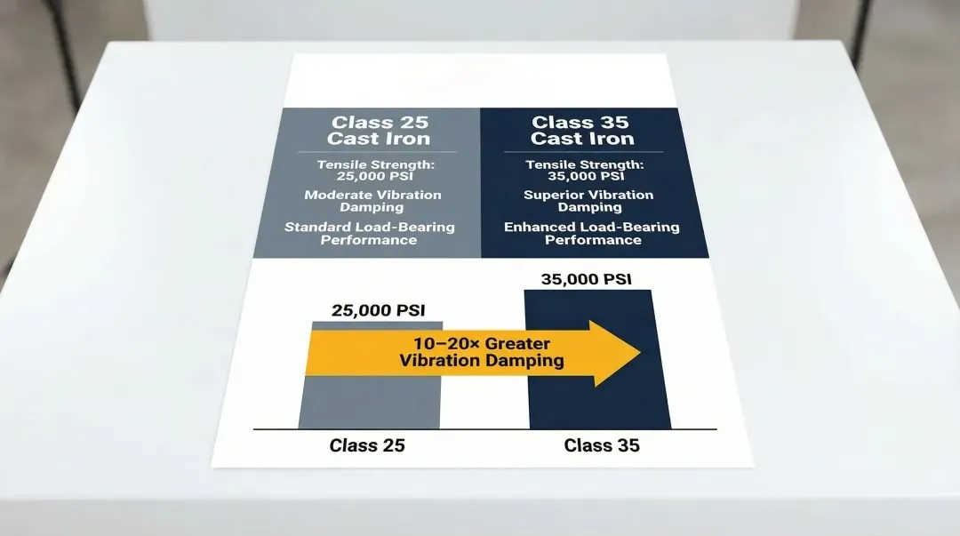 Class 25 versus Class 35 cast iron tensile strength and vibration damping comparison infographic