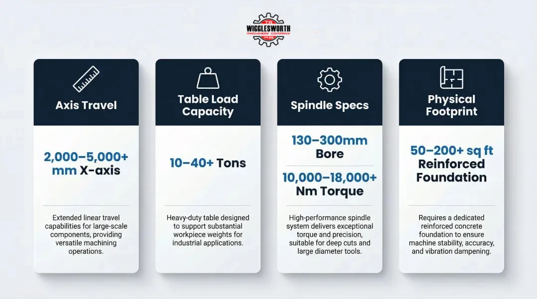 Large horizontal boring machine key specifications axis travel weight spindle footprint breakdown