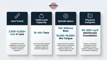 Large horizontal boring machine key specifications axis travel weight spindle footprint breakdown