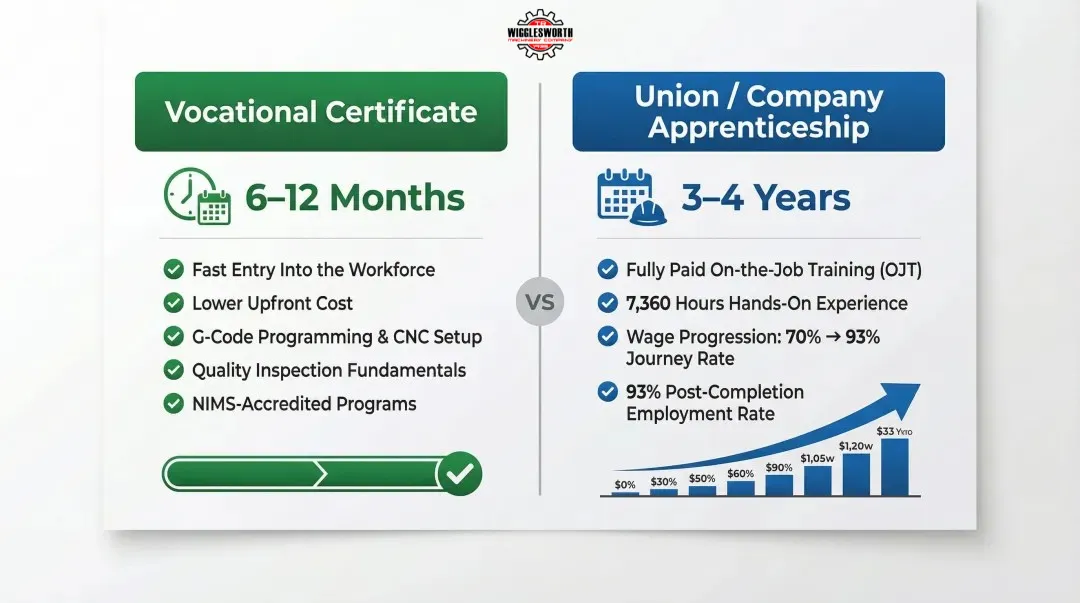 Two HBM operator training pathways vocational certificate versus union apprenticeship comparison