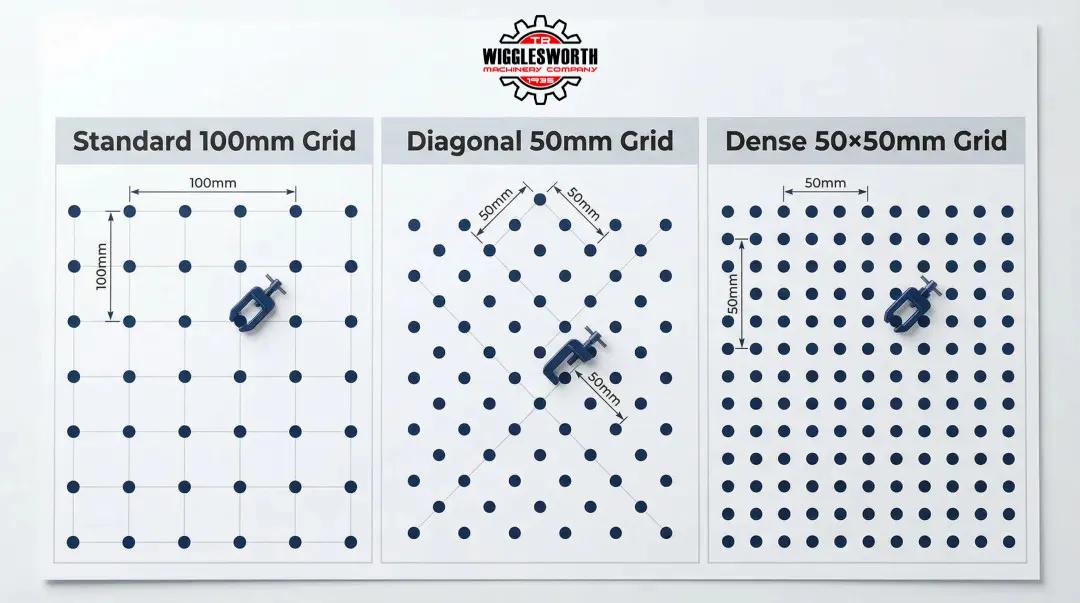 Three welding fixture table grid pattern layouts 100mm diagonal and 50mm compared