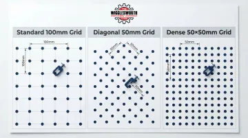 Three welding fixture table grid pattern layouts 100mm diagonal and 50mm compared