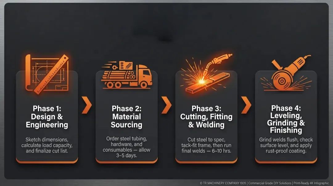 4-phase DIY welding table build process timeline from design to finishing
