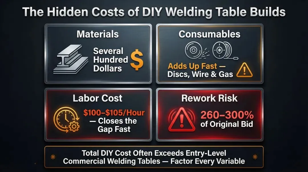 DIY welding table true cost breakdown comparing materials labor consumables and rework risk
